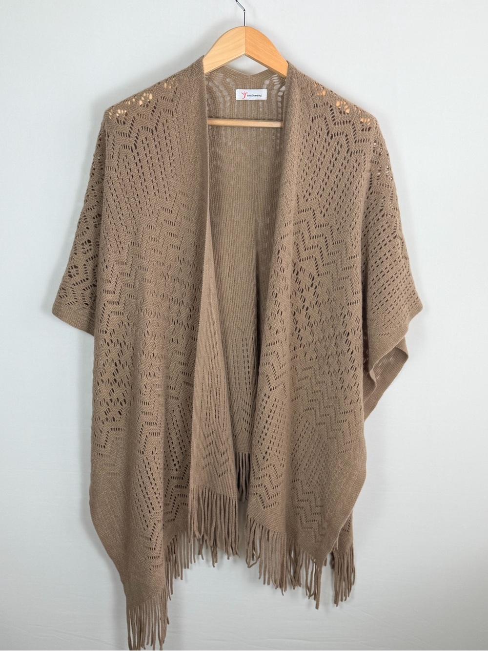 Soul Young Open Knit Fringe Cardigan Shawl Boho Lagenlook Draped Taupe